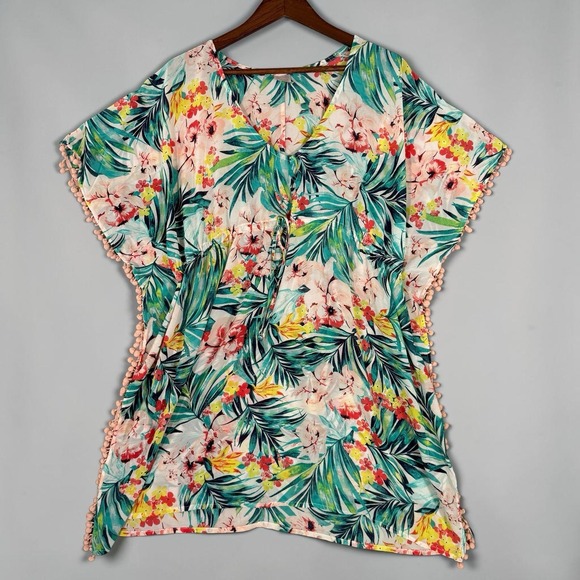 Merona Other - Merona Tropical Pom Pom Trim Floral Cover Up Dress Large Beach Resort Vacation
